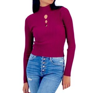 Sugar Moon Ribbed Rayon Cutout Mock Turtleneck Sweater